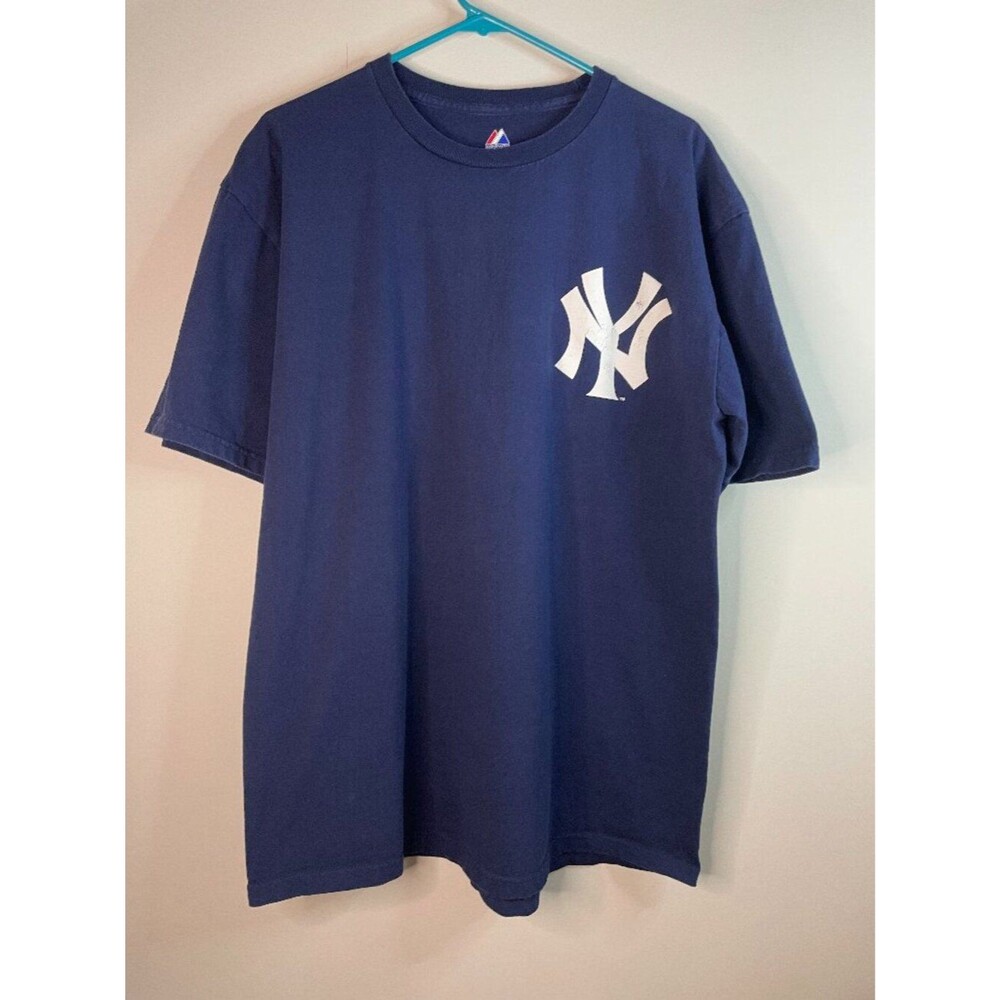 2010 Majestic New York Yankees Logo MLB Graphic Jersey Shirt Navy Blue Size XL